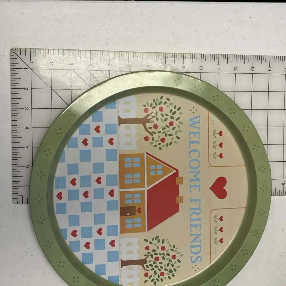 Vintage Welcome Friends Country Hearts 13” Round Metal Tray Cottage Core Decor